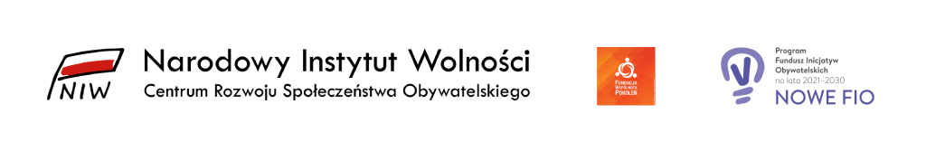 Logotypy: Narodowy Instytut Wolności, Centrum Rozwoju Społeczeństwa Obywatelskiego, Fundacja Wspólnota Pokoleń, Program Fundusz Inicjatyw Obywatelskich na lata 2021-2030 Nowe FIO